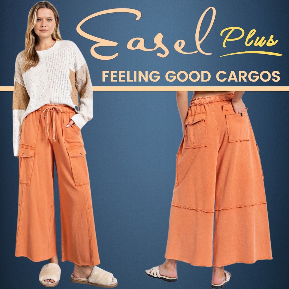EASEL “Feeling Good Cargos” Mineral Washed Flared Leg, Raw Seams & Hems, Pockets